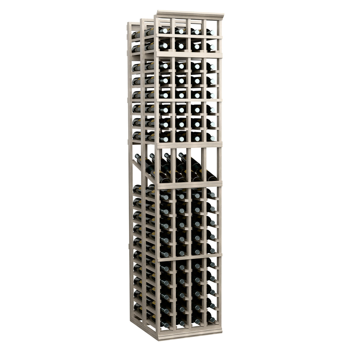 Light wood 4-column double-deep wine display rack, open front grid for bottles