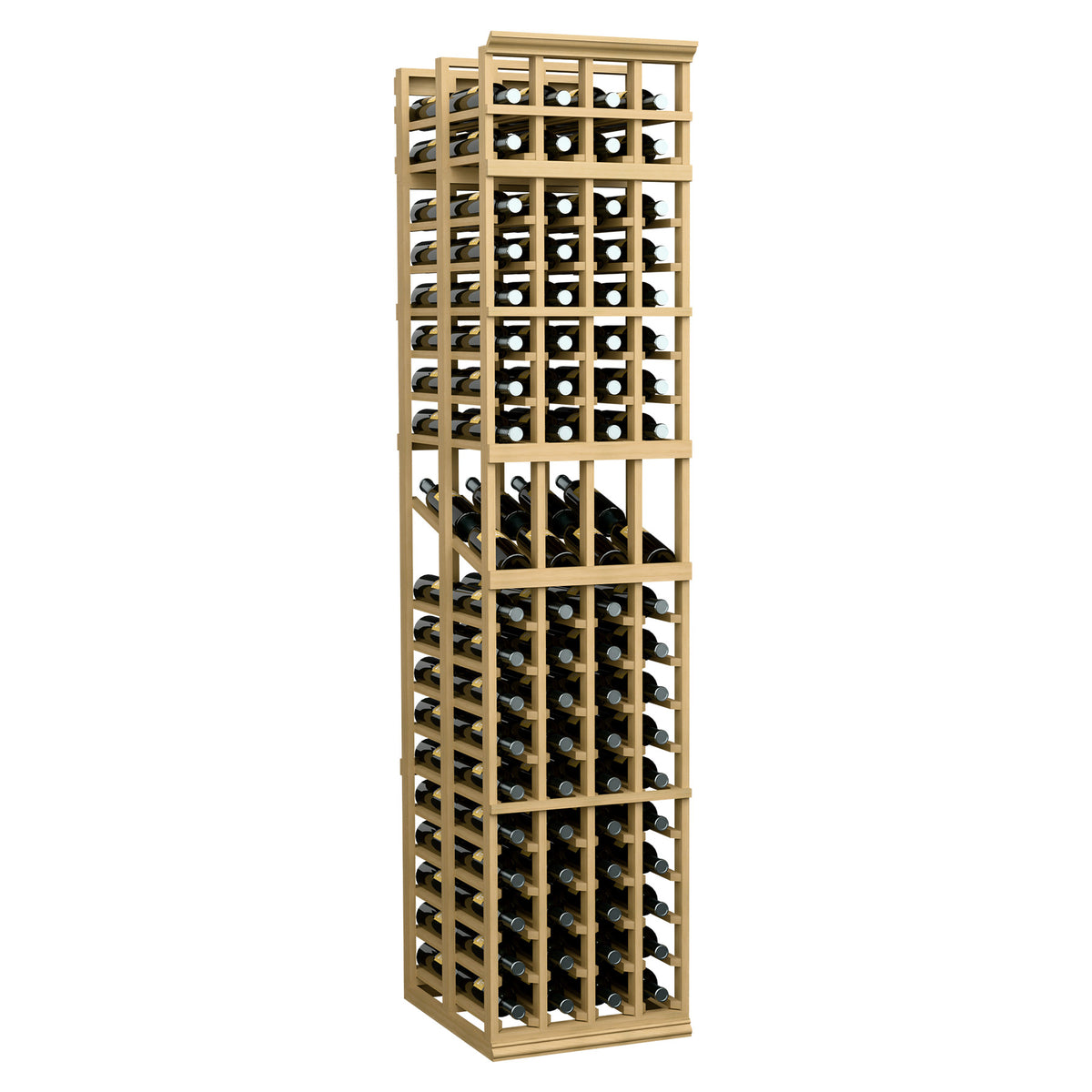 Honey-colored 4-column double-deep wine display rack with open bottle slots