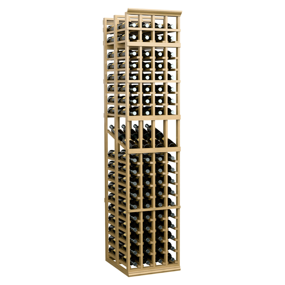 Honey-colored 4-column double-deep wine display rack, tall vertical grid