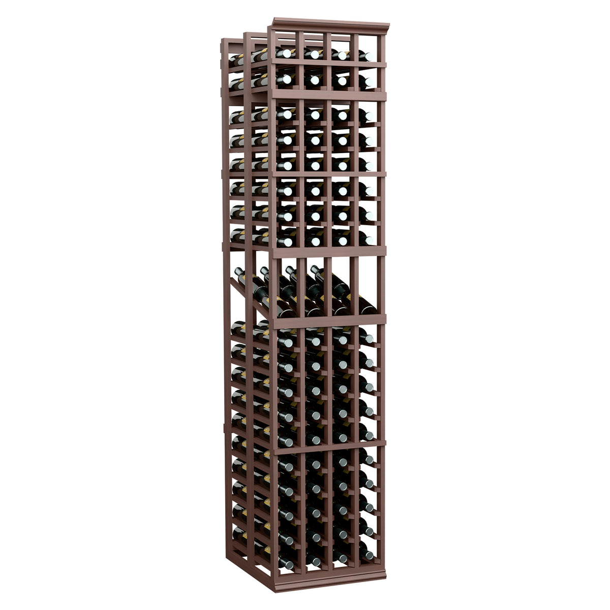 Dark brown 4-column double-deep wine display rack with open bottle compartments