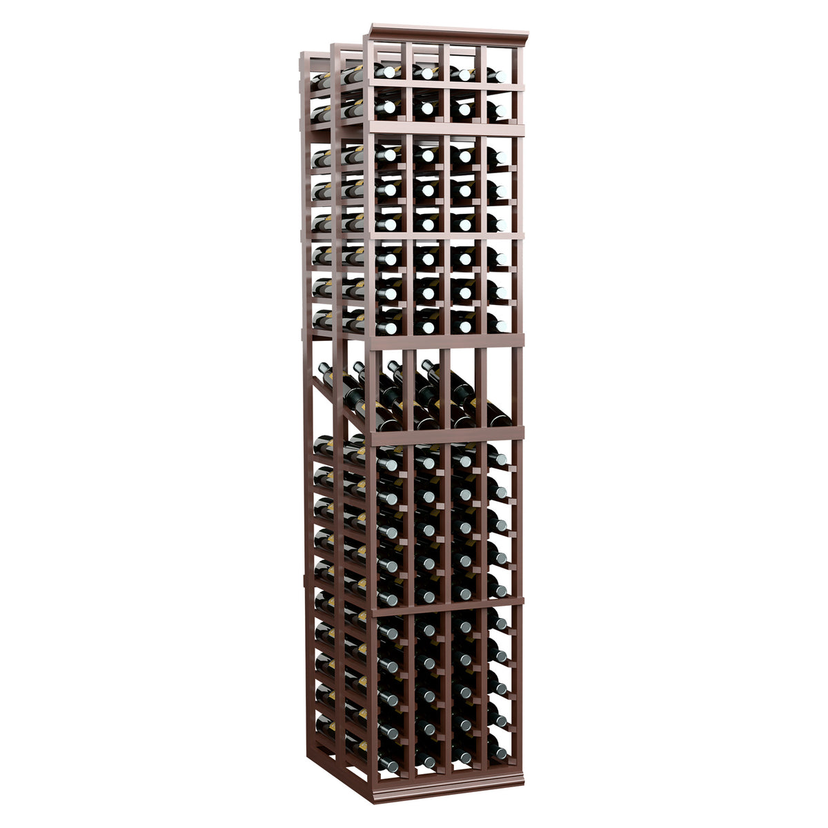 Dark brown 4-column double-deep wine display rack, front view lattice frame