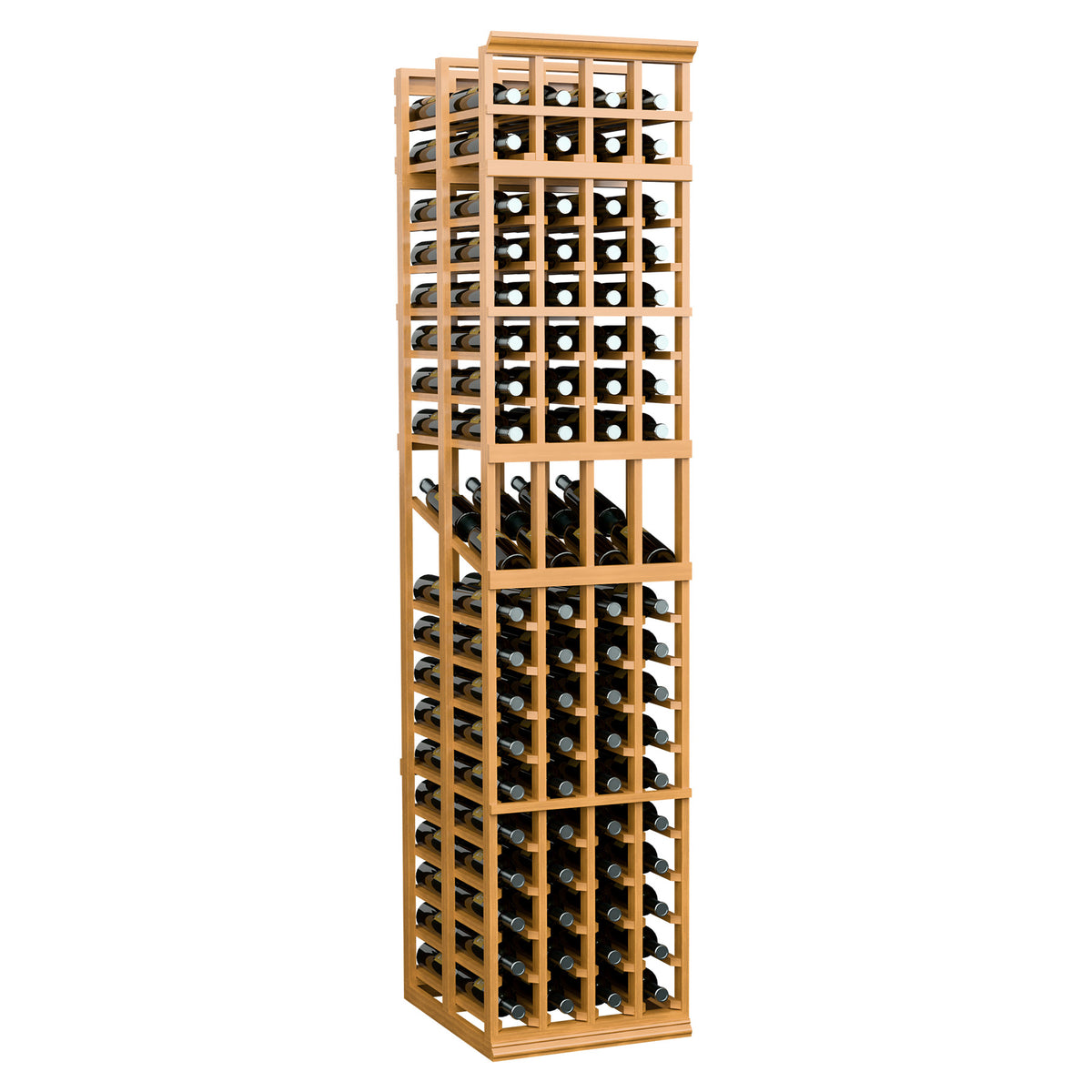 Light tan 4-column double-deep wine display rack, tall front panel with slots