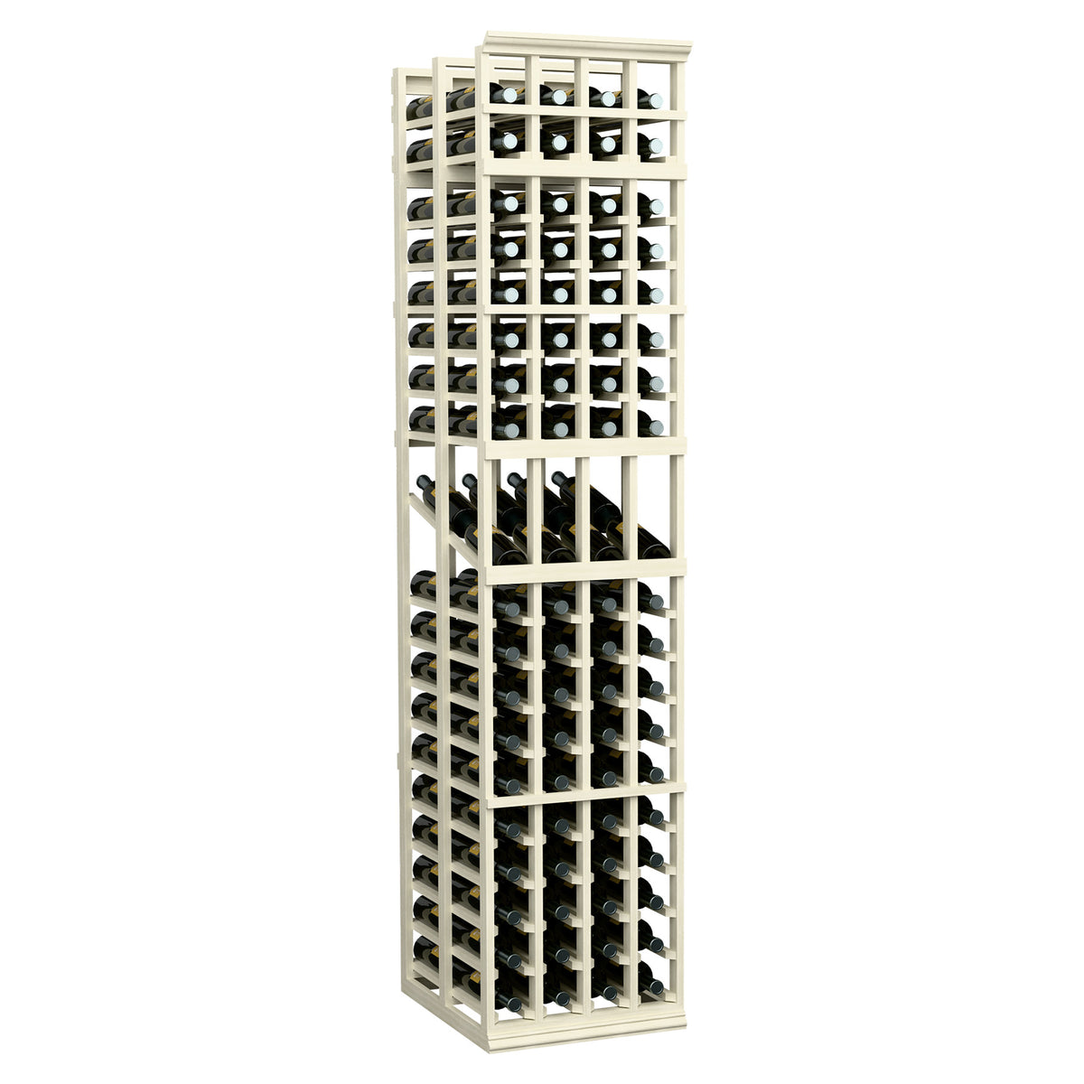 White-finished 4-column double-deep wine display rack with bottle holder grid