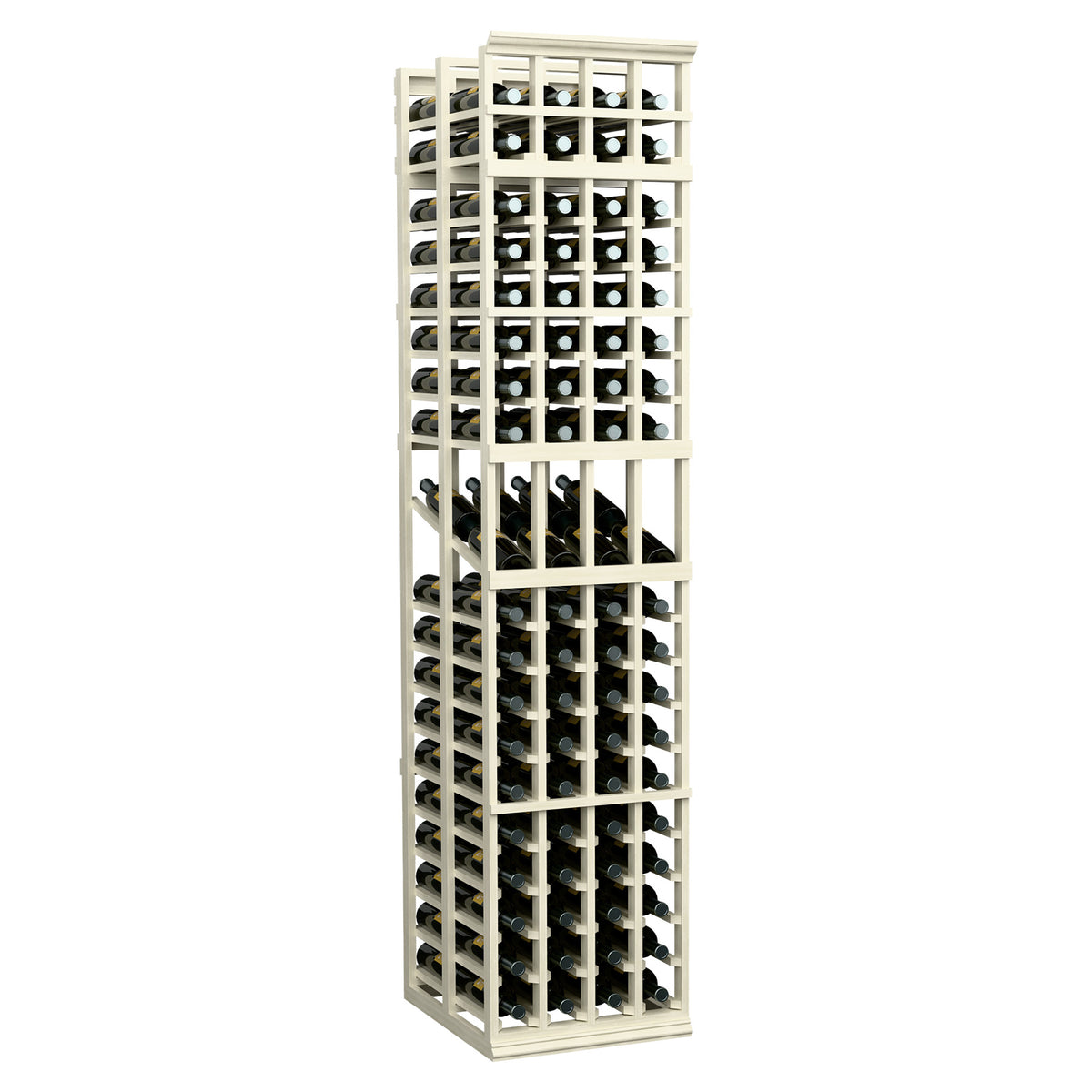 White-finished 4-column double-deep wine display rack, open front with bottle rows