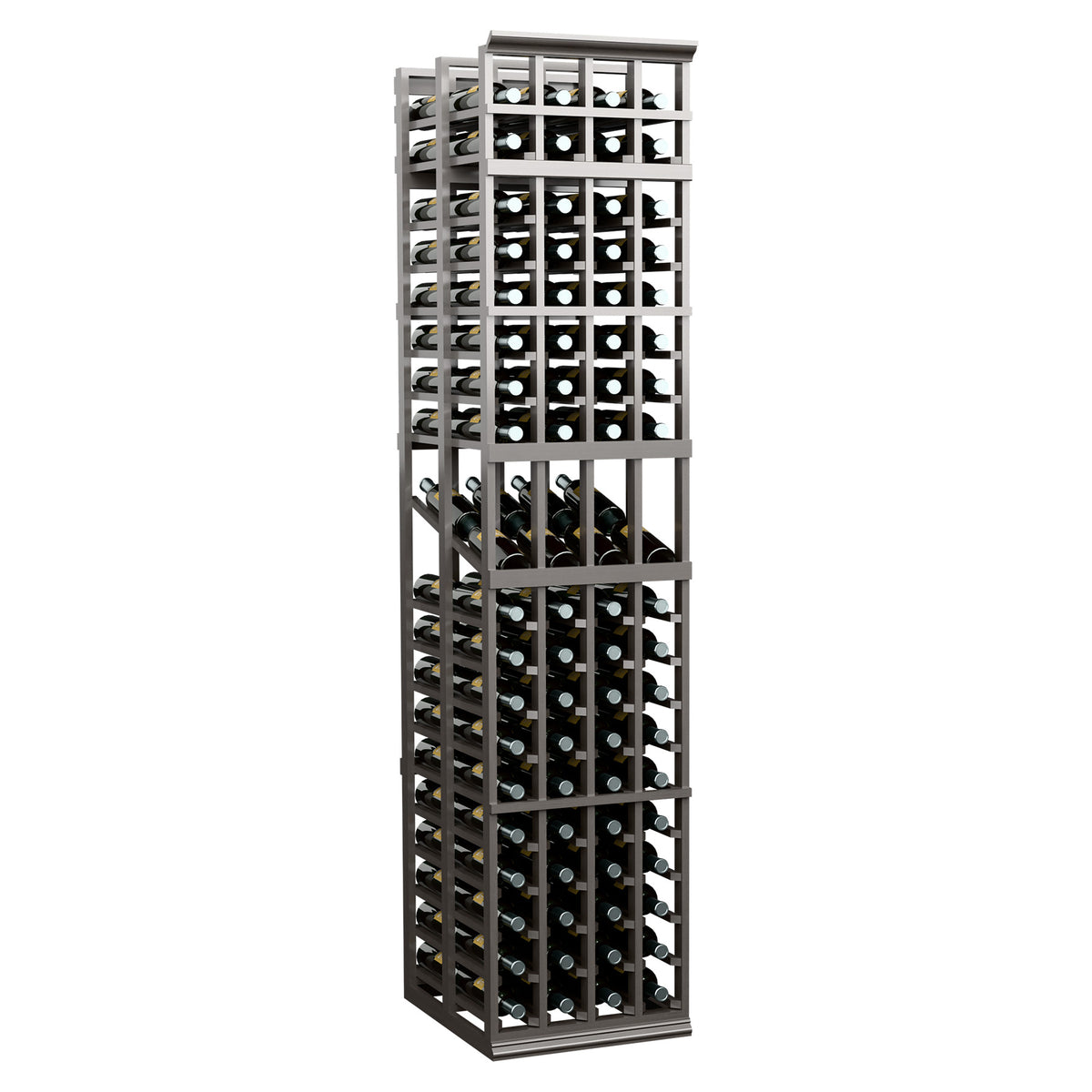 Tall wine bottle display rack with grid shelves and metal frame, dark finish