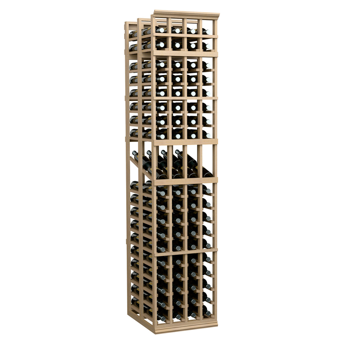 Tall wine bottle display rack with grid shelves and metal frame, light wood finish