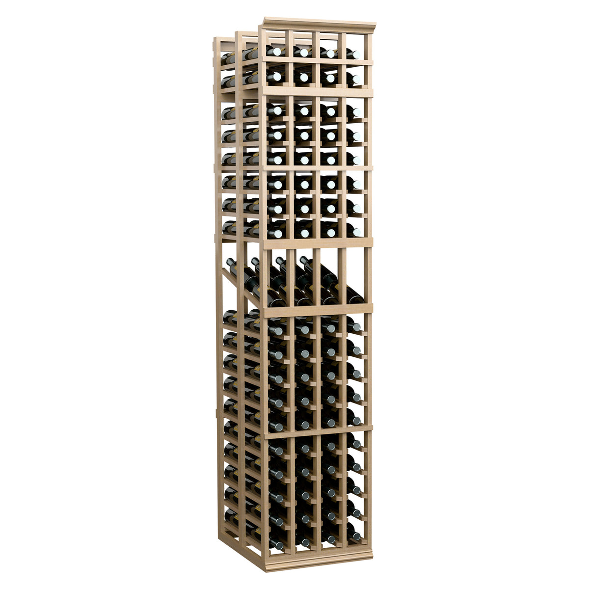 Tall wine bottle display rack with grid shelves and metal frame, light wood finish