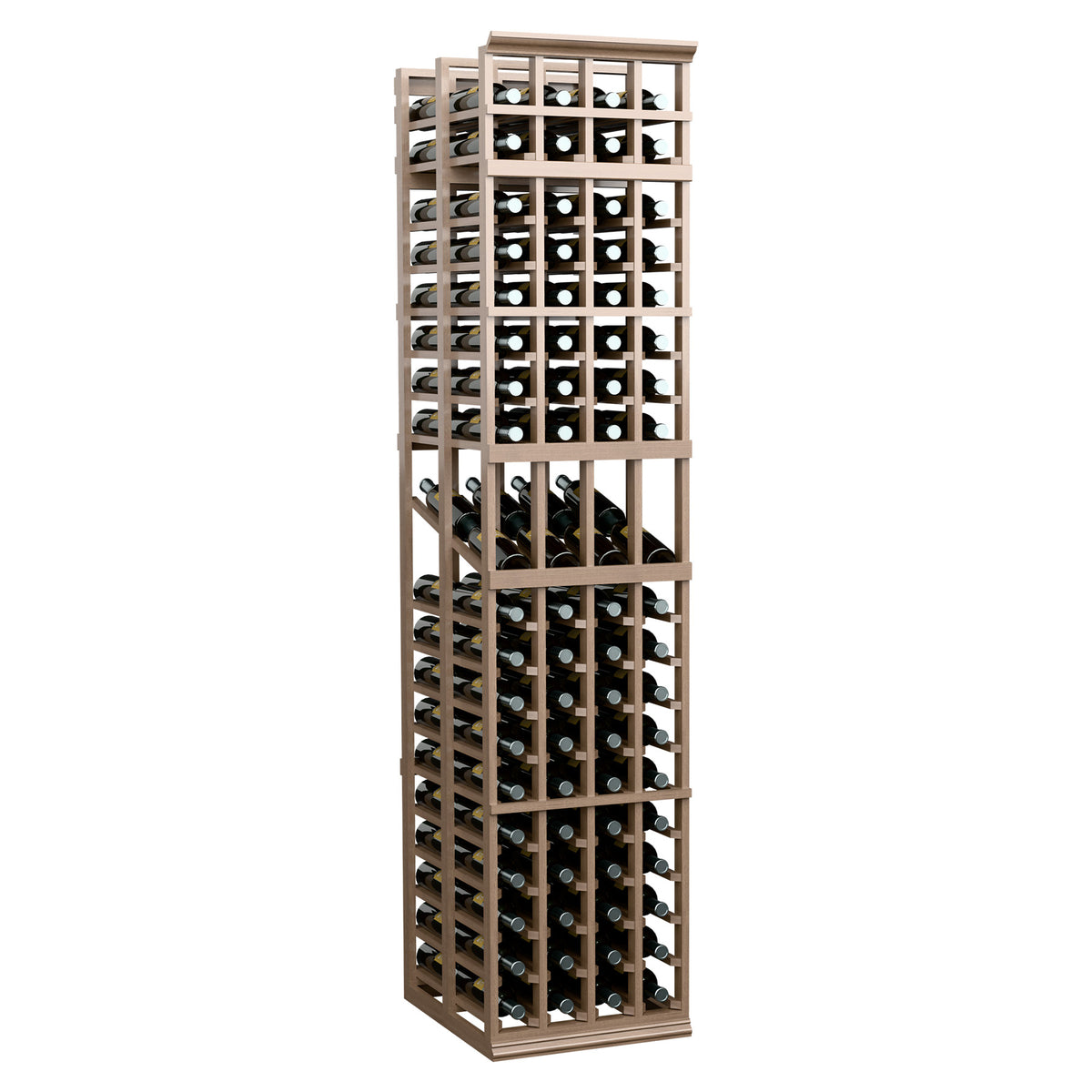Tall wine bottle display rack with grid shelves and metal frame, light wood finish