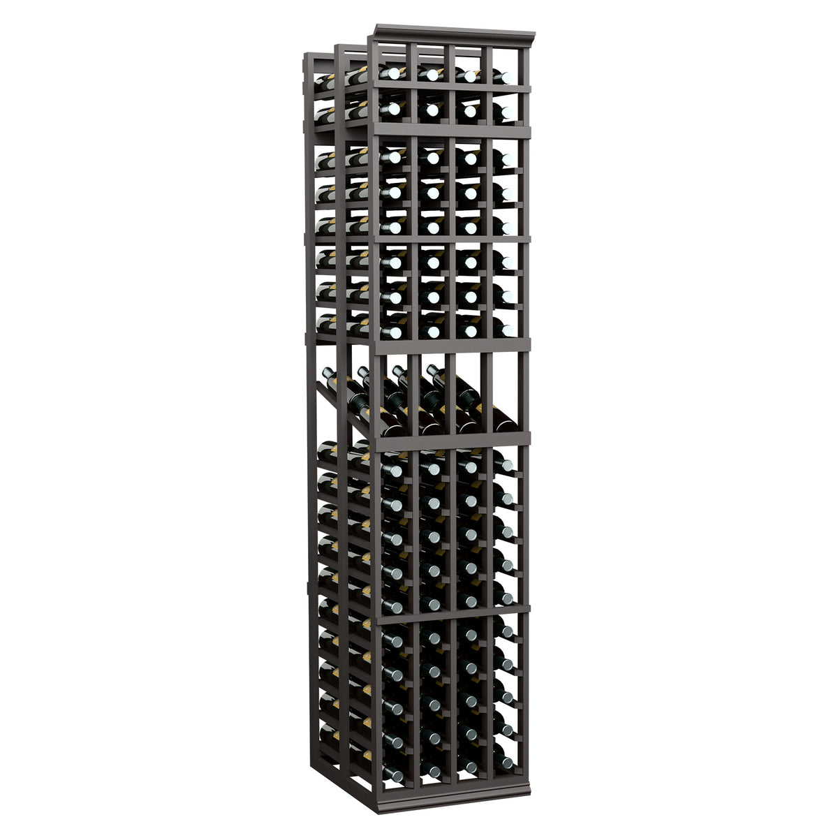 Tall wine bottle display rack with grid shelves and metal frame, dark finish