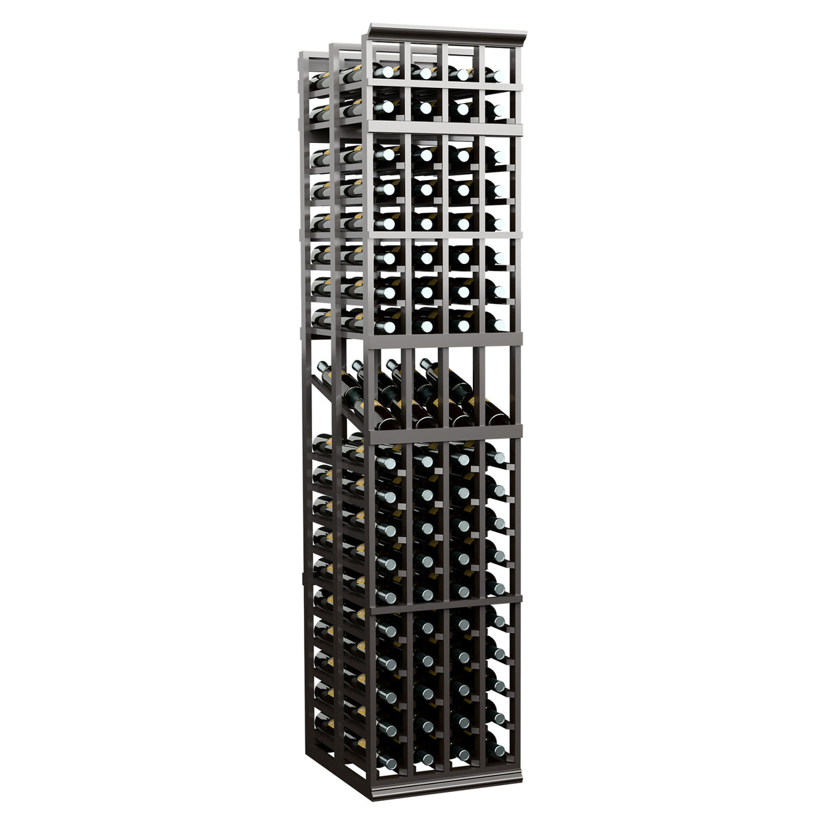 Tall wine bottle display rack with grid shelves and metal frame, dark finish