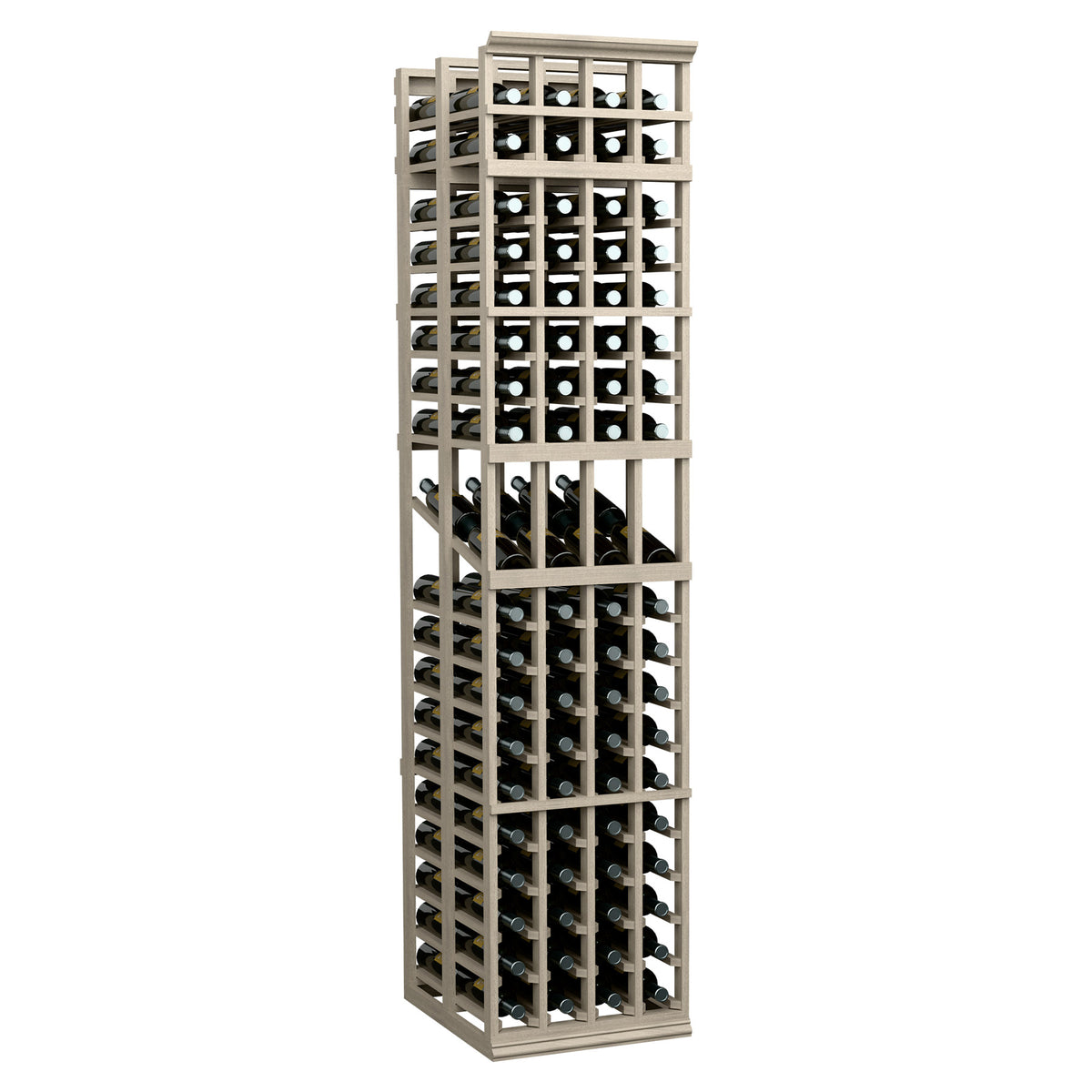 Light wood wine bottle display rack with 4 columns and double-deep slots