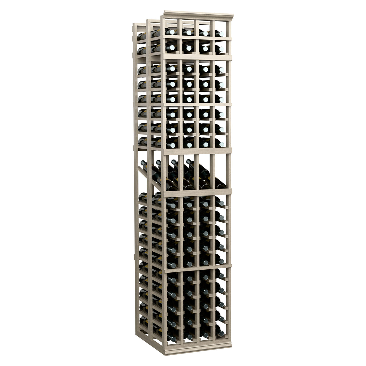 Light wood wine storage rack with four columns and rows of bottle holders