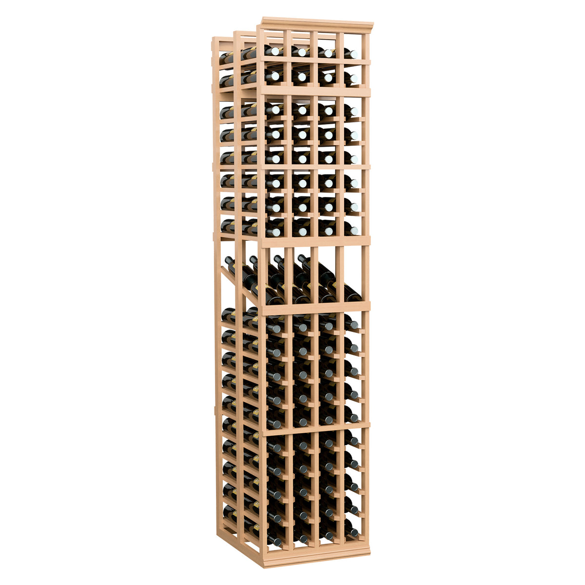 Natural wood wine storage rack with 4 columns and bottle slots across the shelves