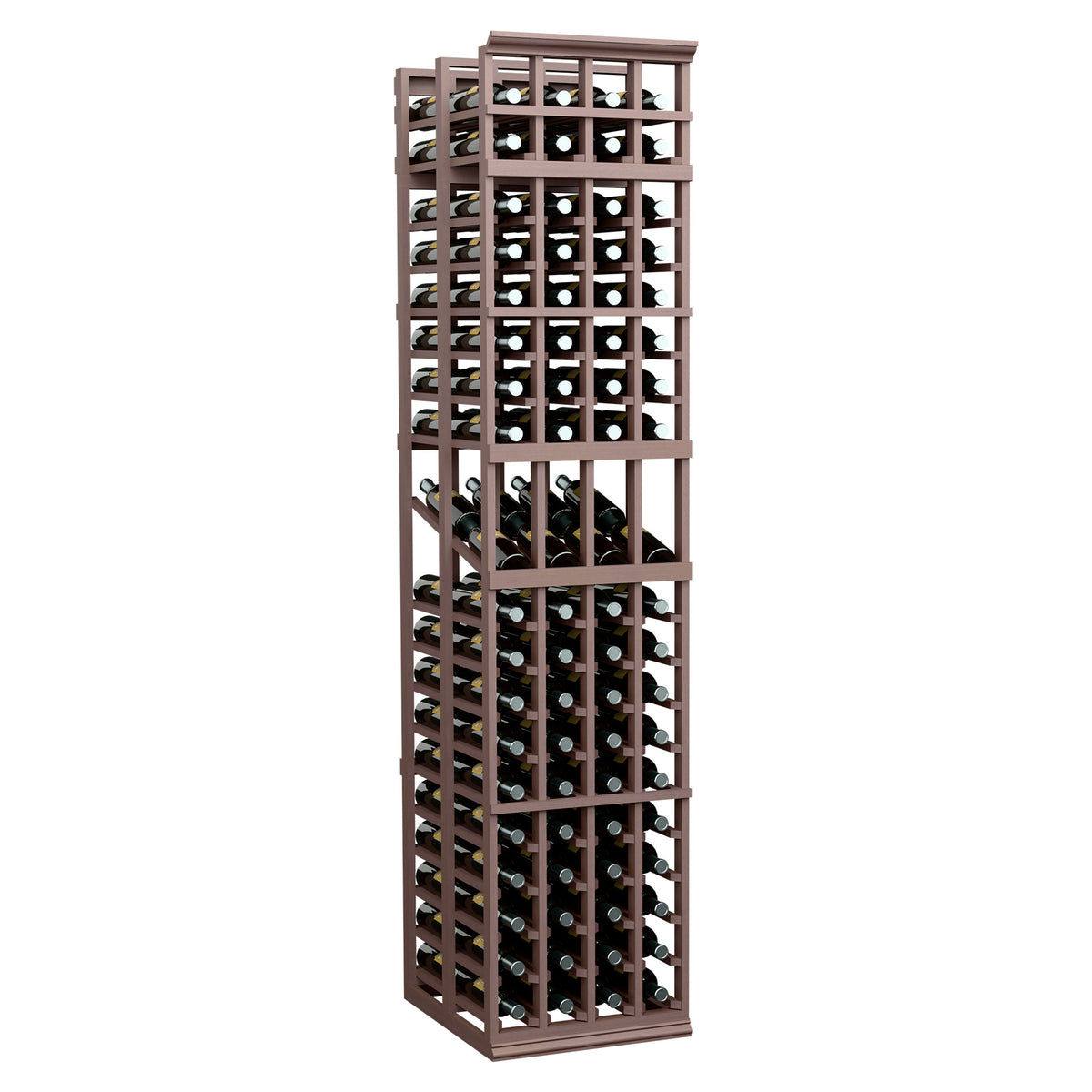 Medium wood wine bottle display rack with 4 columns and double-deep bottle slots