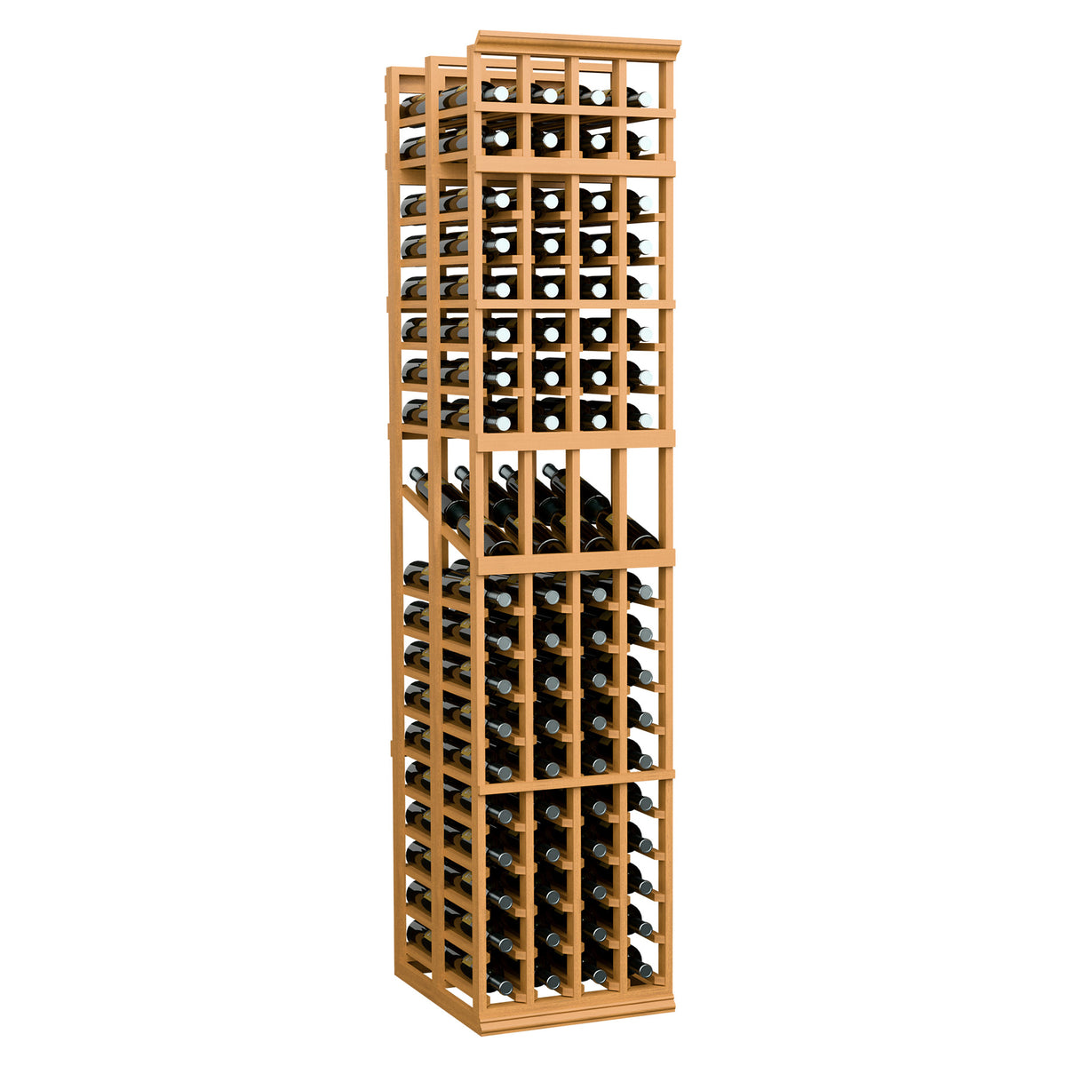 Honey-toned wood wine bottle display rack with 4 columns and double-deep storage