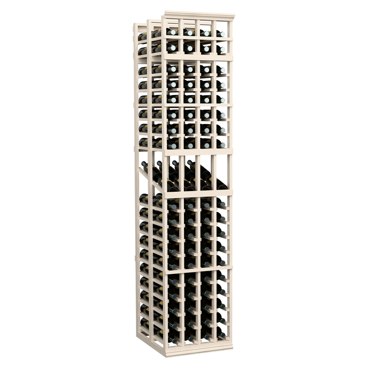Whitewashed wine bottle display rack with 4 columns and double-deep bottle slots