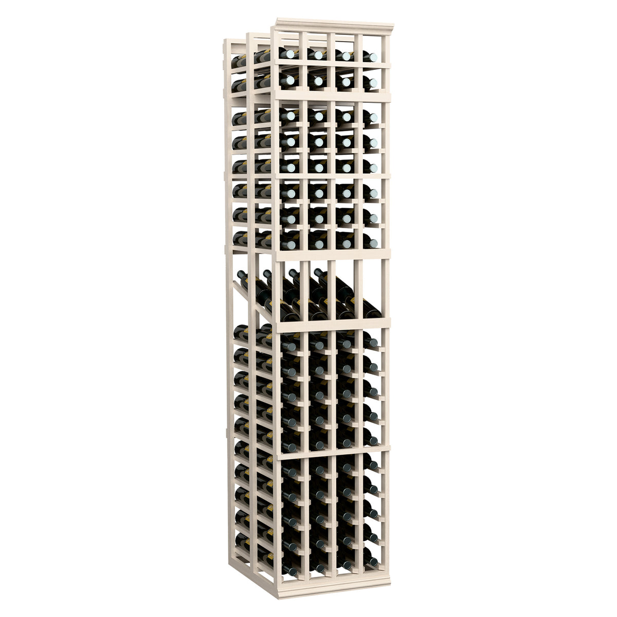 Whitewashed wine storage rack with four columns and rows of bottle compartments