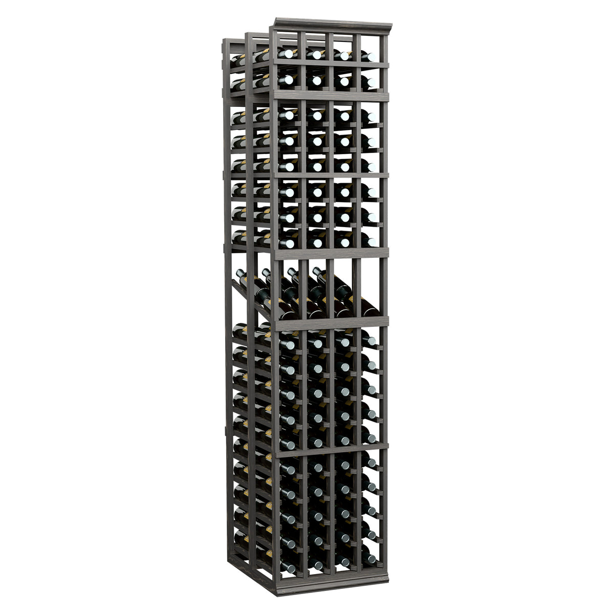 4-column double-deep wine bottle display rack with dark frame, grid shelves