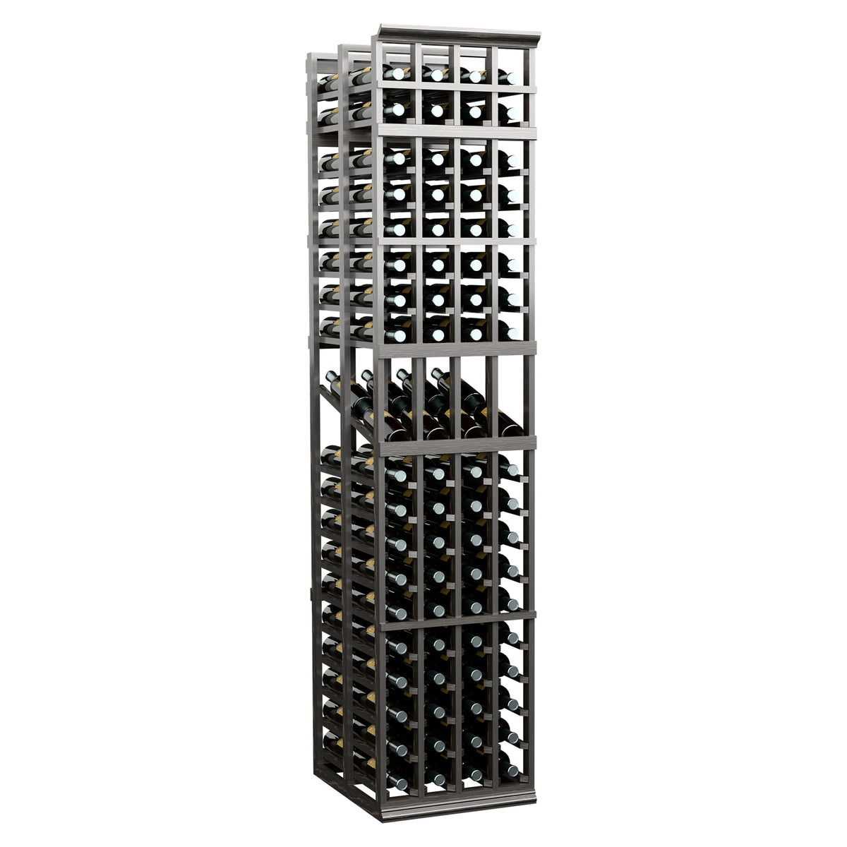 4-column double-deep wine bottle display rack with dark frame, angled front view