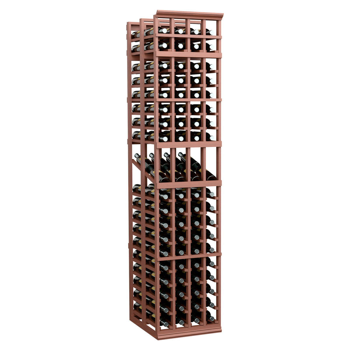 4-column double-deep wine bottle display rack with reddish-brown frame, grid shelves