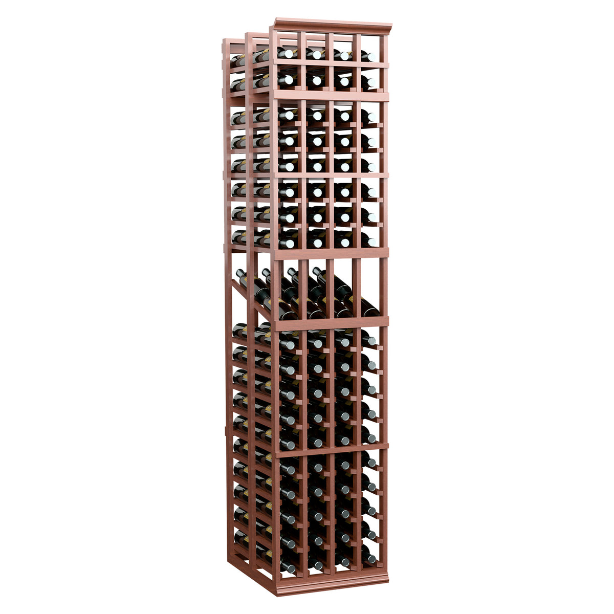 4-column double-deep wine bottle display rack with reddish-brown frame, angled view