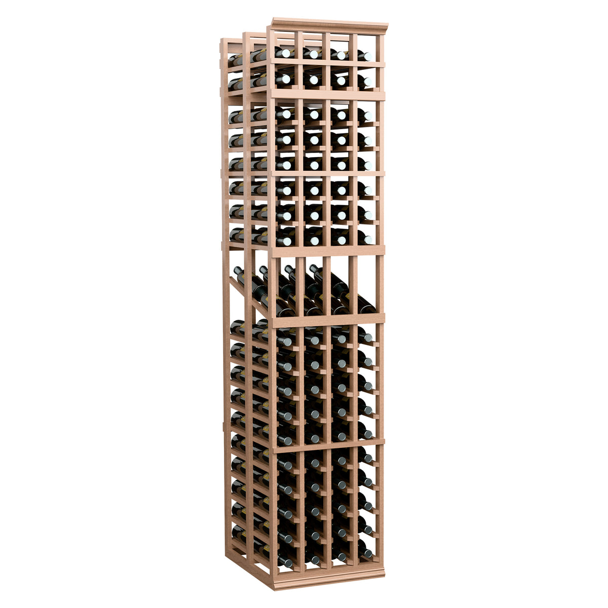 4-column double-deep wine bottle display rack with light wood frame, side angled view