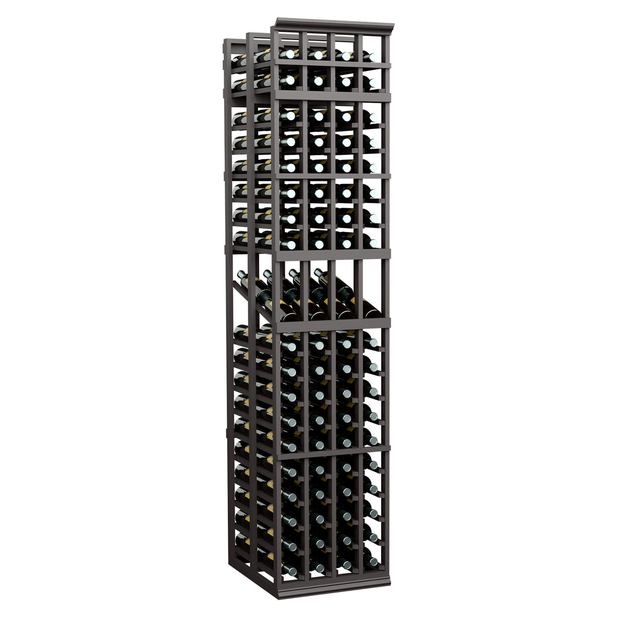 4-column double-deep wine bottle display rack with dark frame, front view