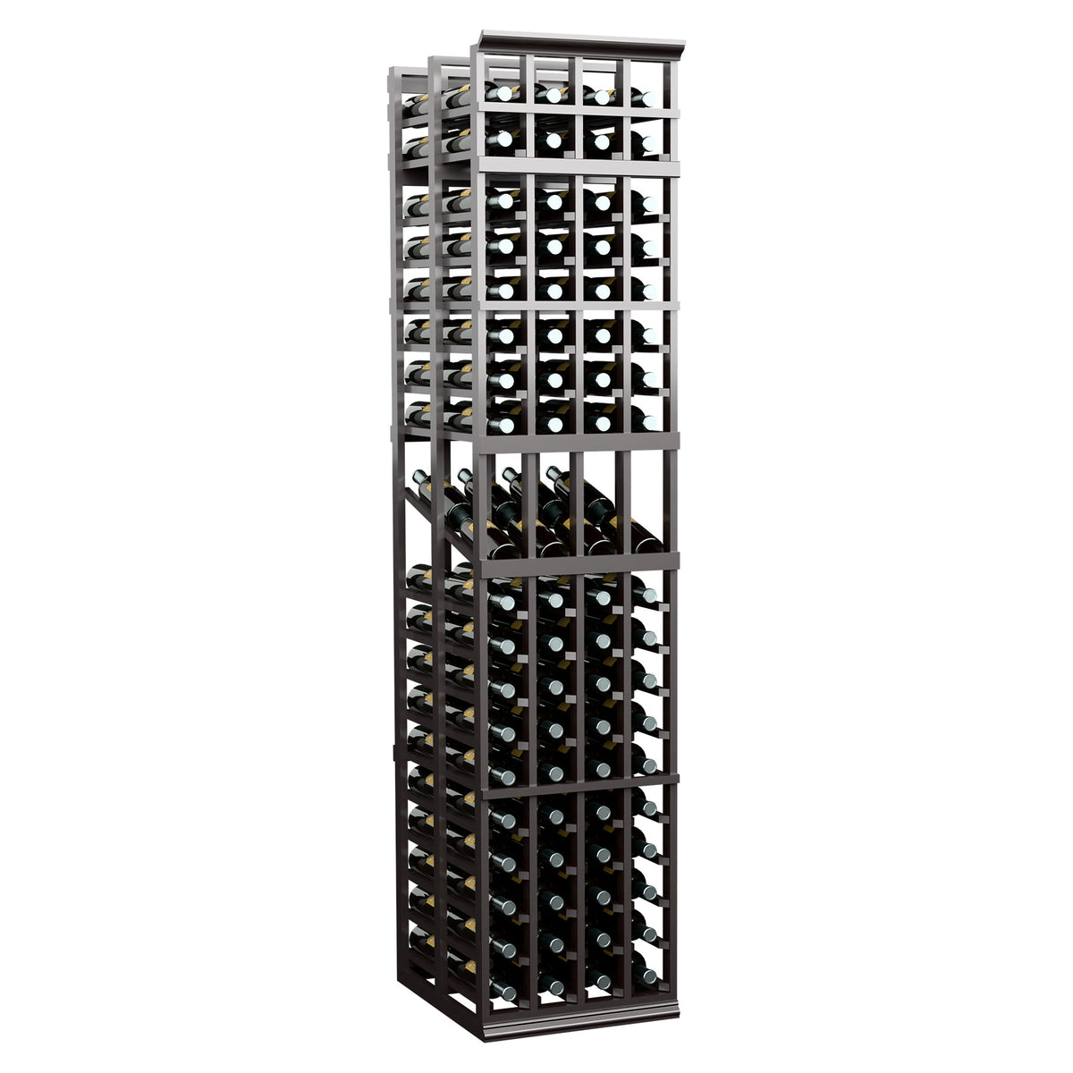 4-column double-deep wine bottle display rack with dark frame, angled front view