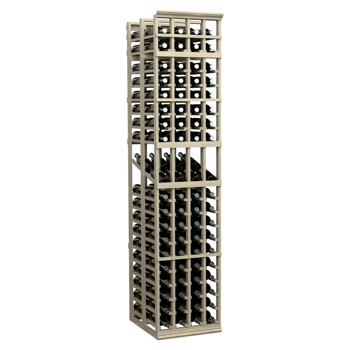 Light wood 4-column double-deep wine display rack with glass bottle slots