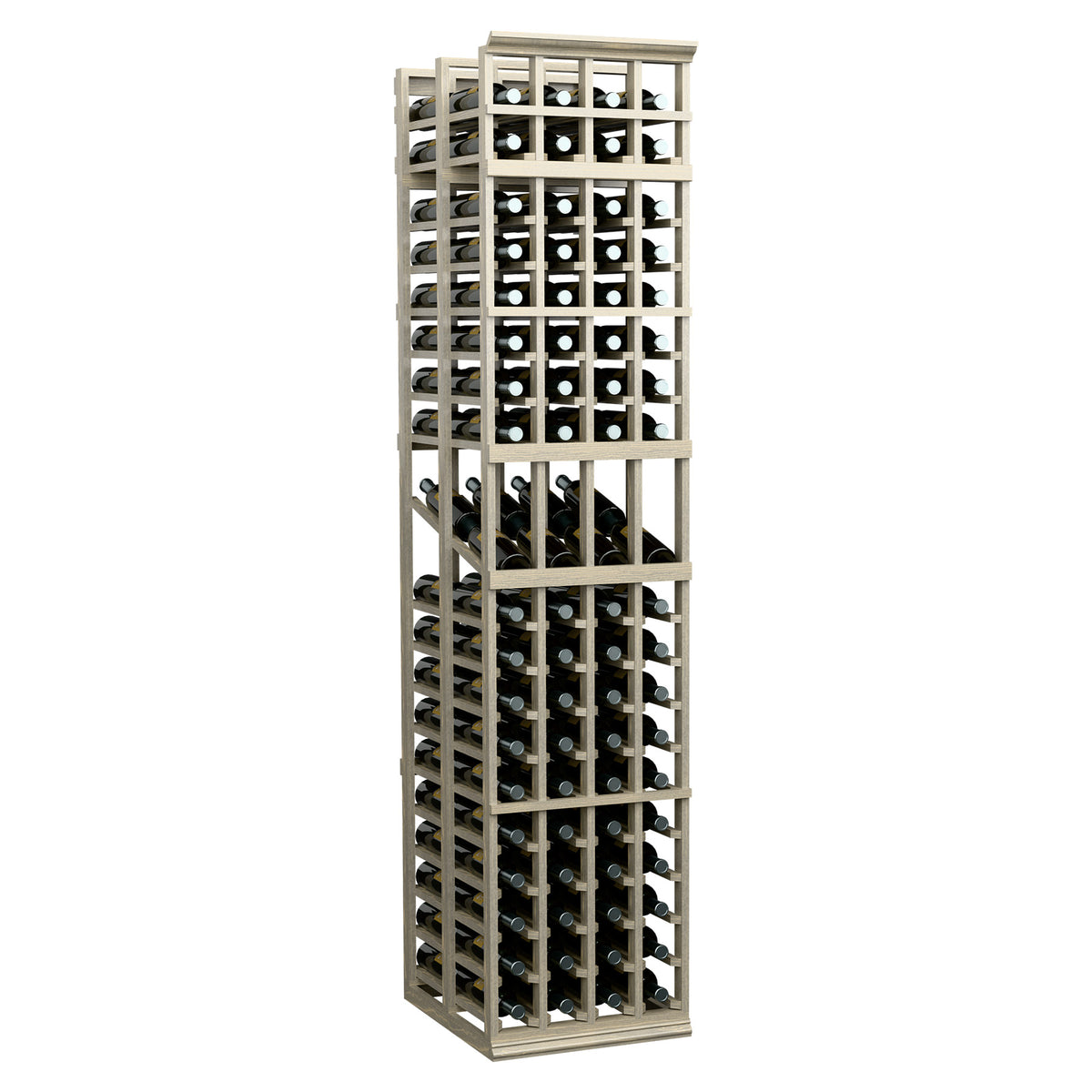 Light wood wine display rack, front view, 4 columns, double-deep bottle slots