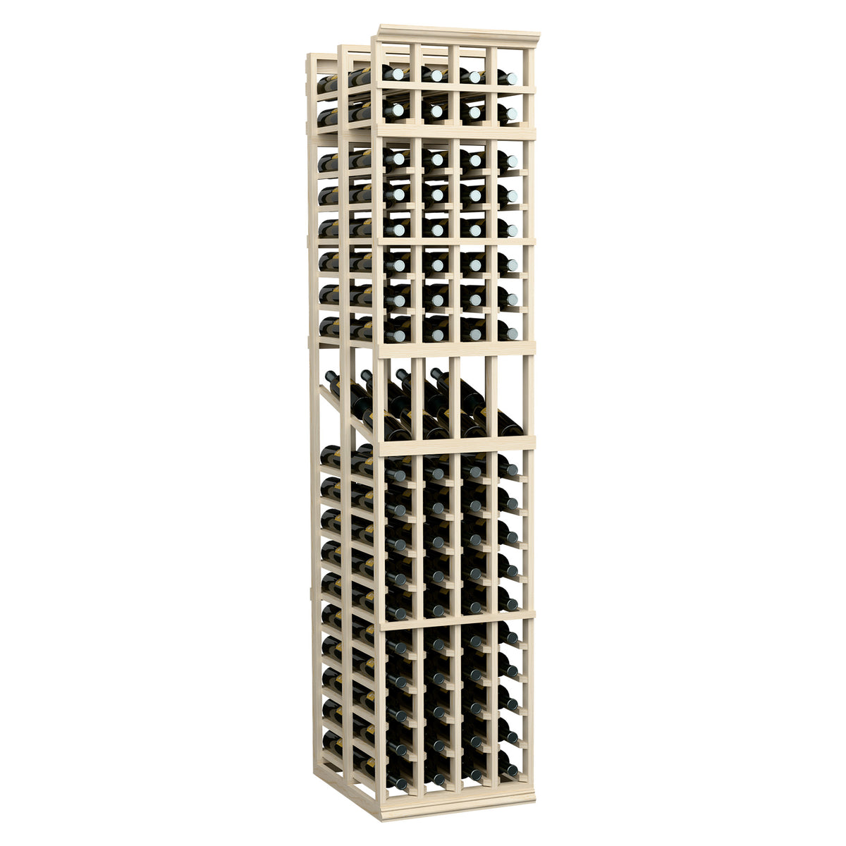 Light wood 4-column double-deep wine rack with tall grid bottle storage
