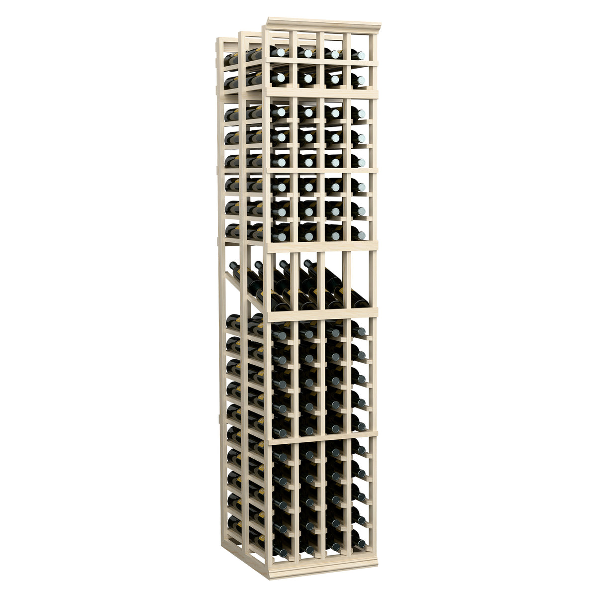 Light wood wine display rack with 4 columns and double-deep rows of bottles