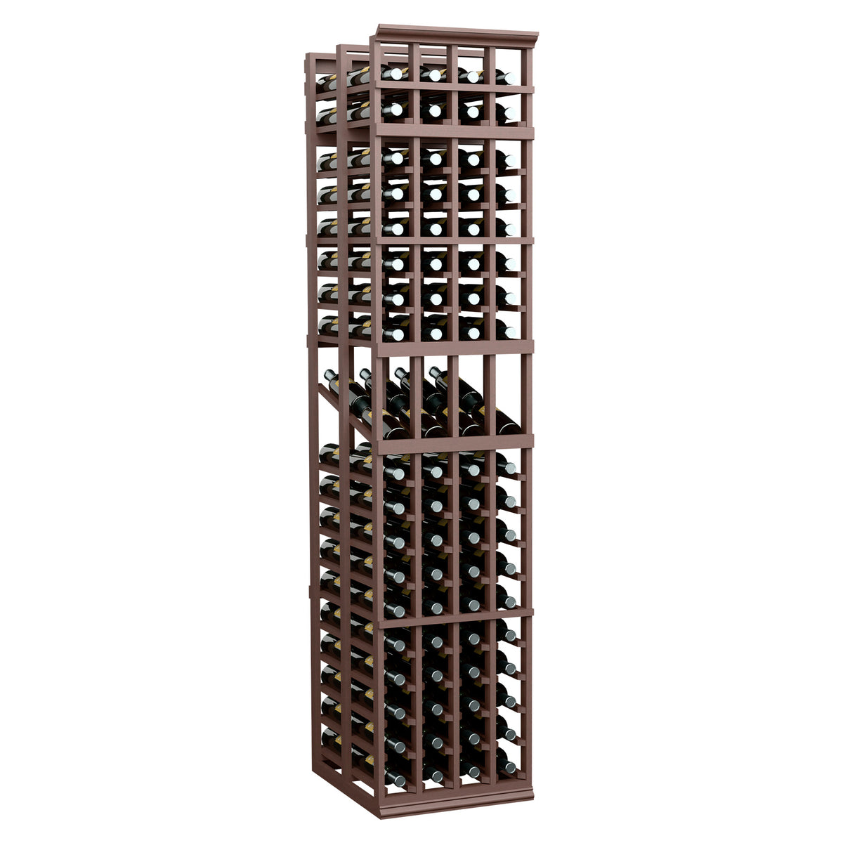 Dark wood 4-column double-deep wine display rack with bottle grid