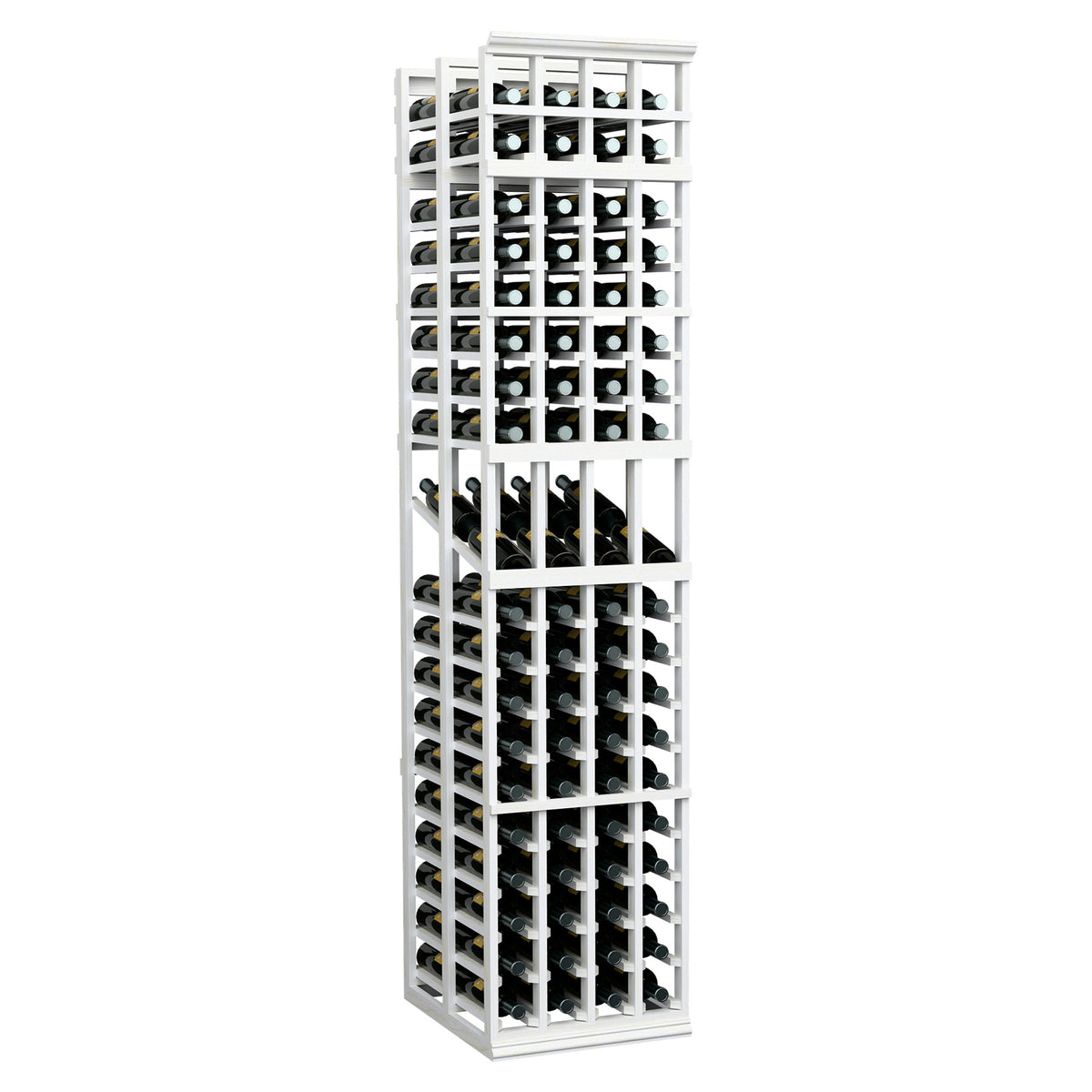 White-finished 4-column double-deep wine display rack with bottle storage