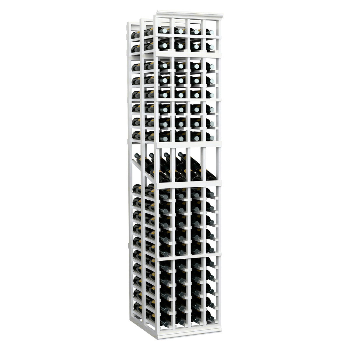 White-finished wine display rack with 4 columns and double-deep bottle slots