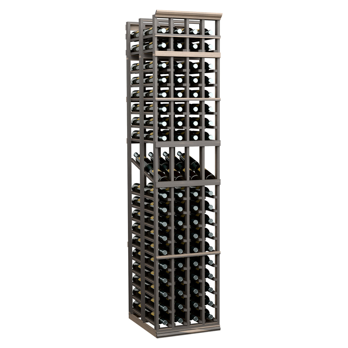 4 column double deep wine display rack, dark stained wood with glass bottles