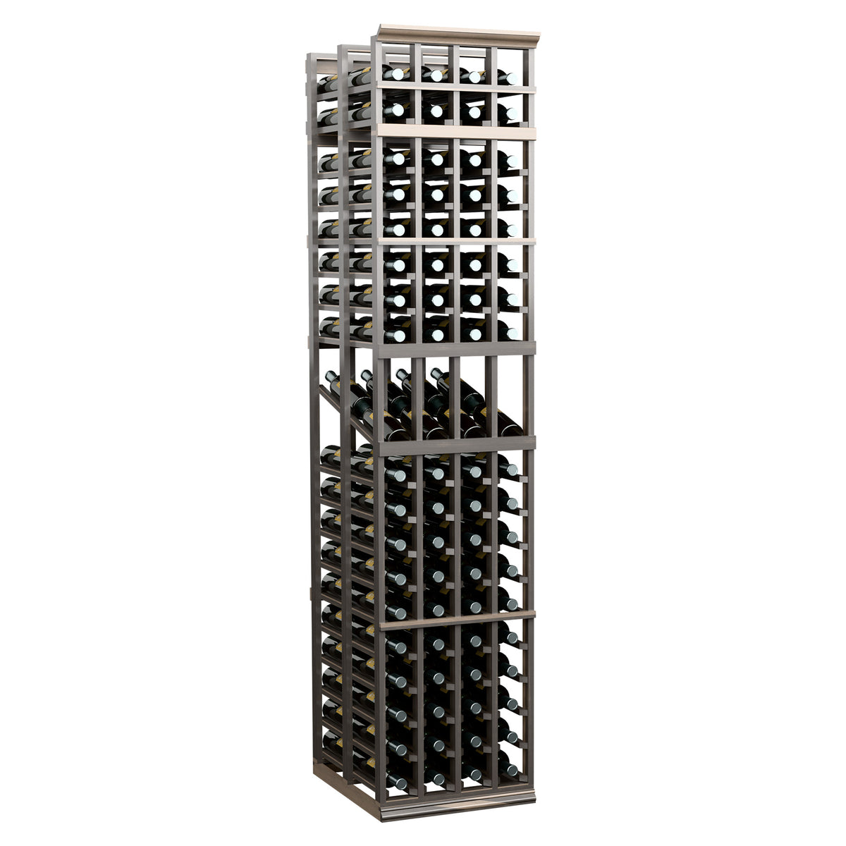 4 column double deep wine display rack, dark wood finish with bottle slots