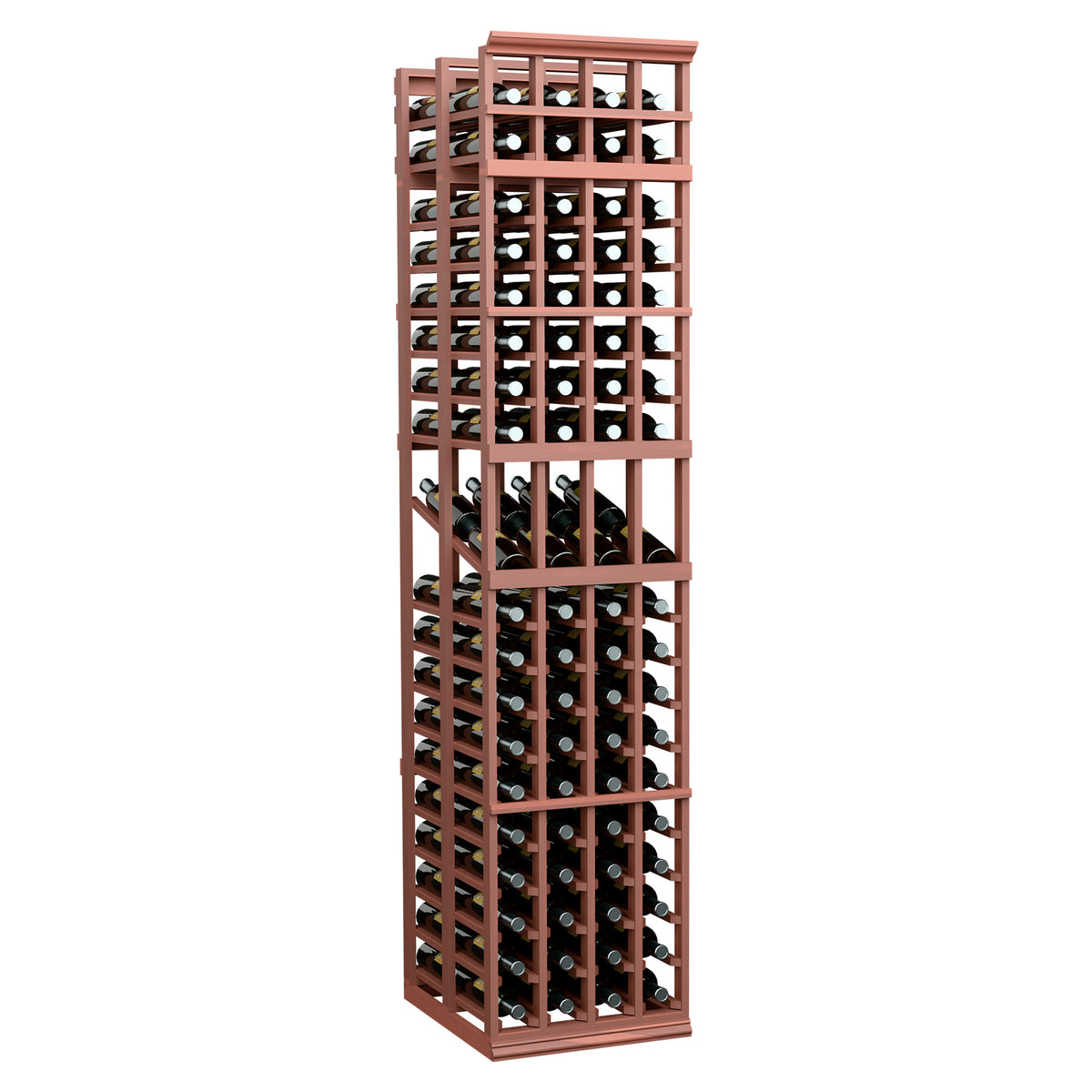 4 column double deep wine display rack, reddish stained wood with bottle rows