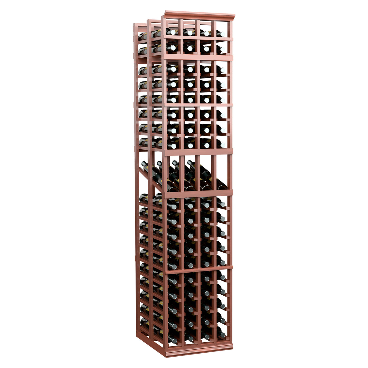 4 column double deep wine display rack, reddish wood finish with glass bottles