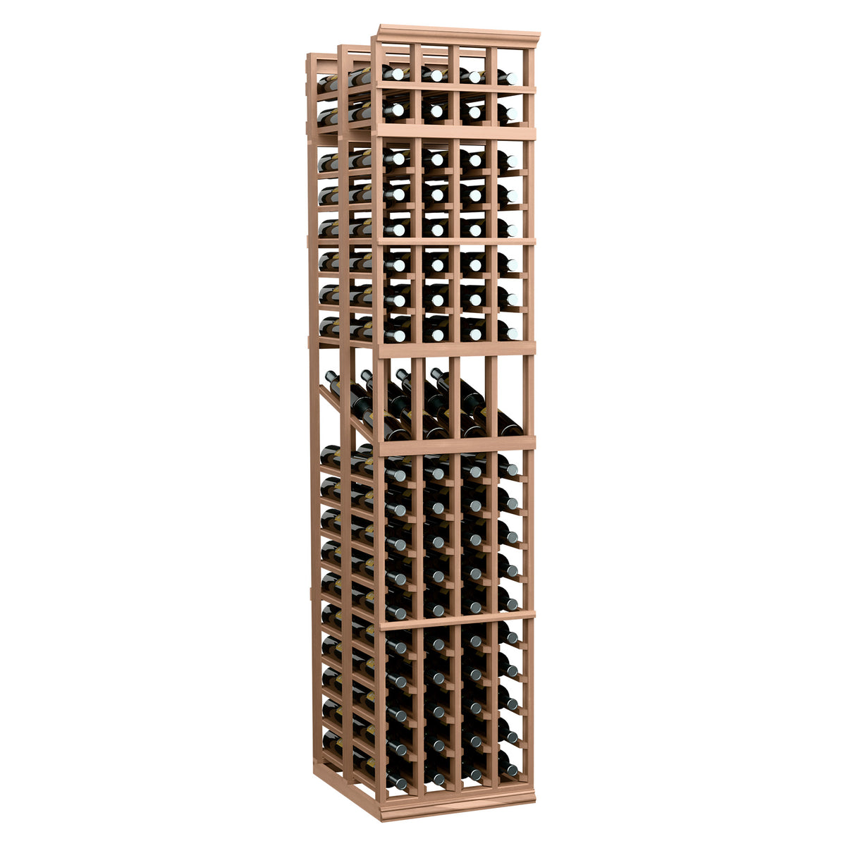 4 column double deep wine display rack, light stained wood with bottle storage