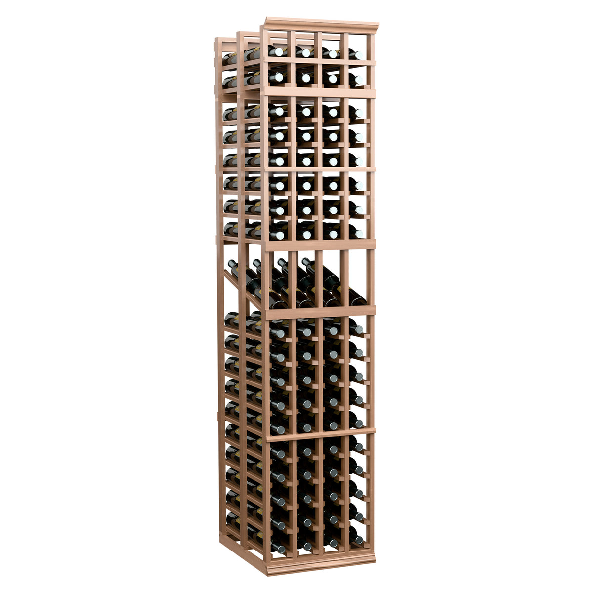 4 column double deep wine display rack, light wood finish with stacked wine bottles