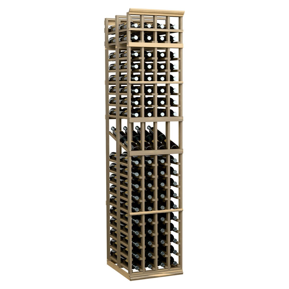 4 column double deep wine display rack, pale stained wood with bottle compartments