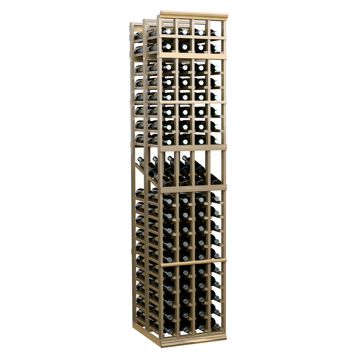 4 column double deep wine display rack, light wood frame with wine bottle holders