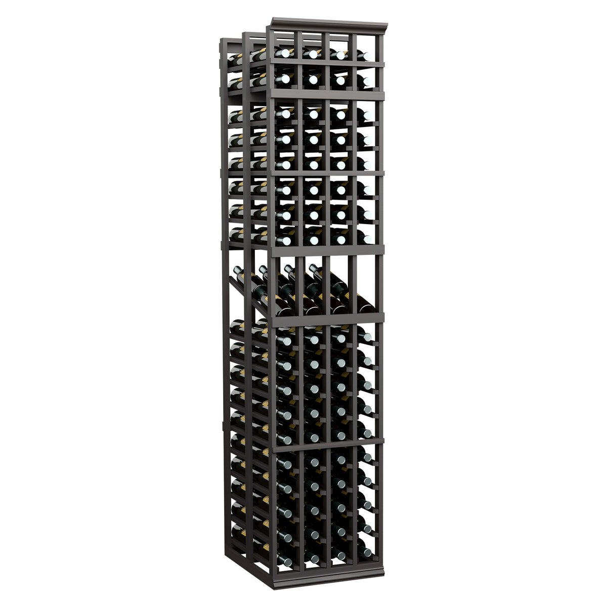 4 column double deep wine display rack, black-stained wood with bottle grid