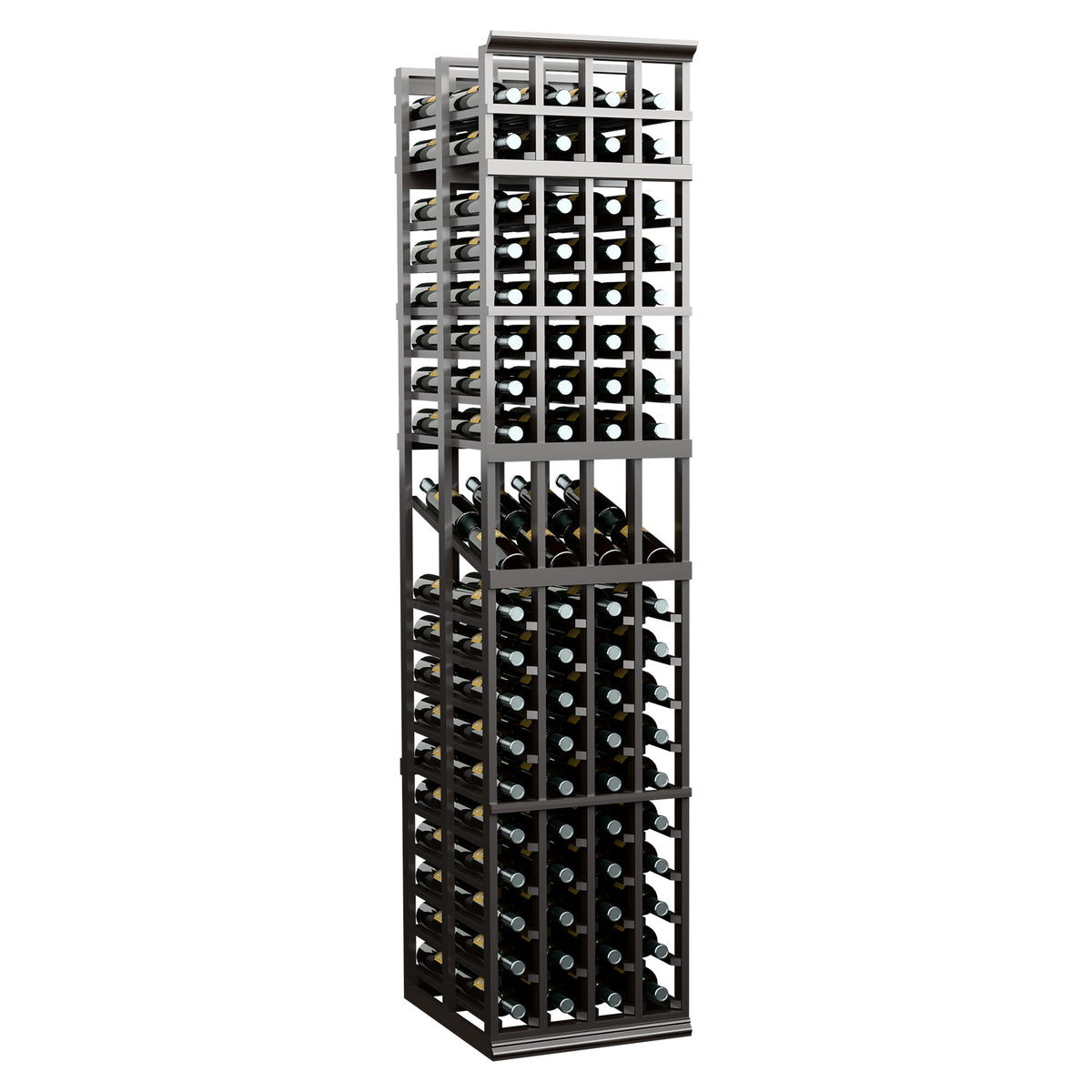 4 column double deep wine display rack, dark wood finish with front bottle display