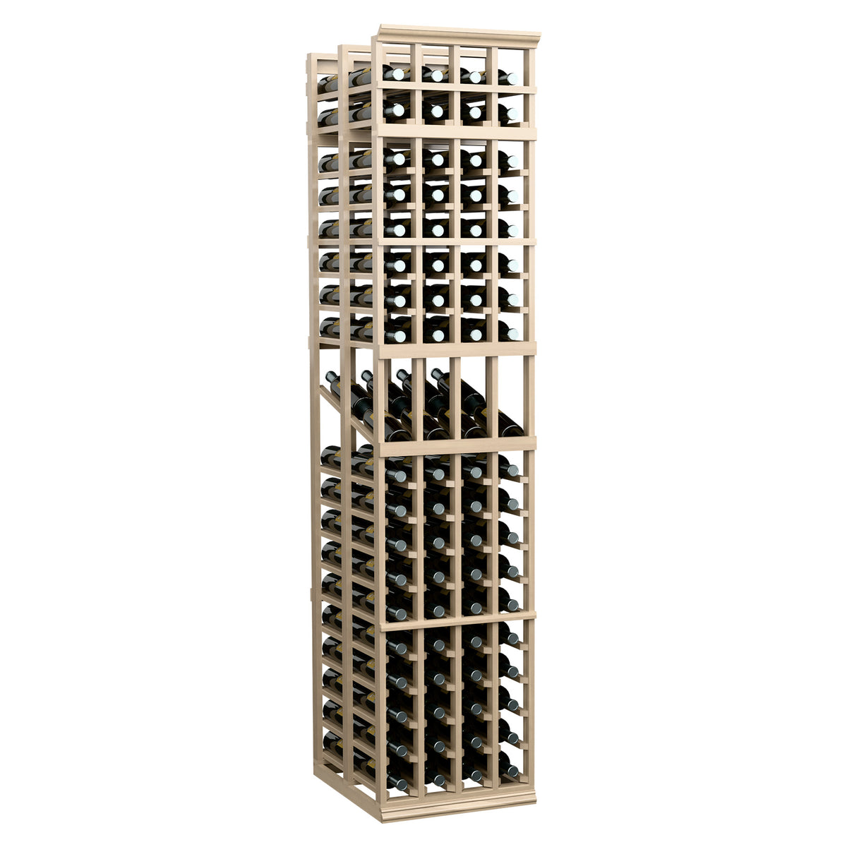 Wood wine display rack with open lattice, holds bottles in 4 columns, natural finish