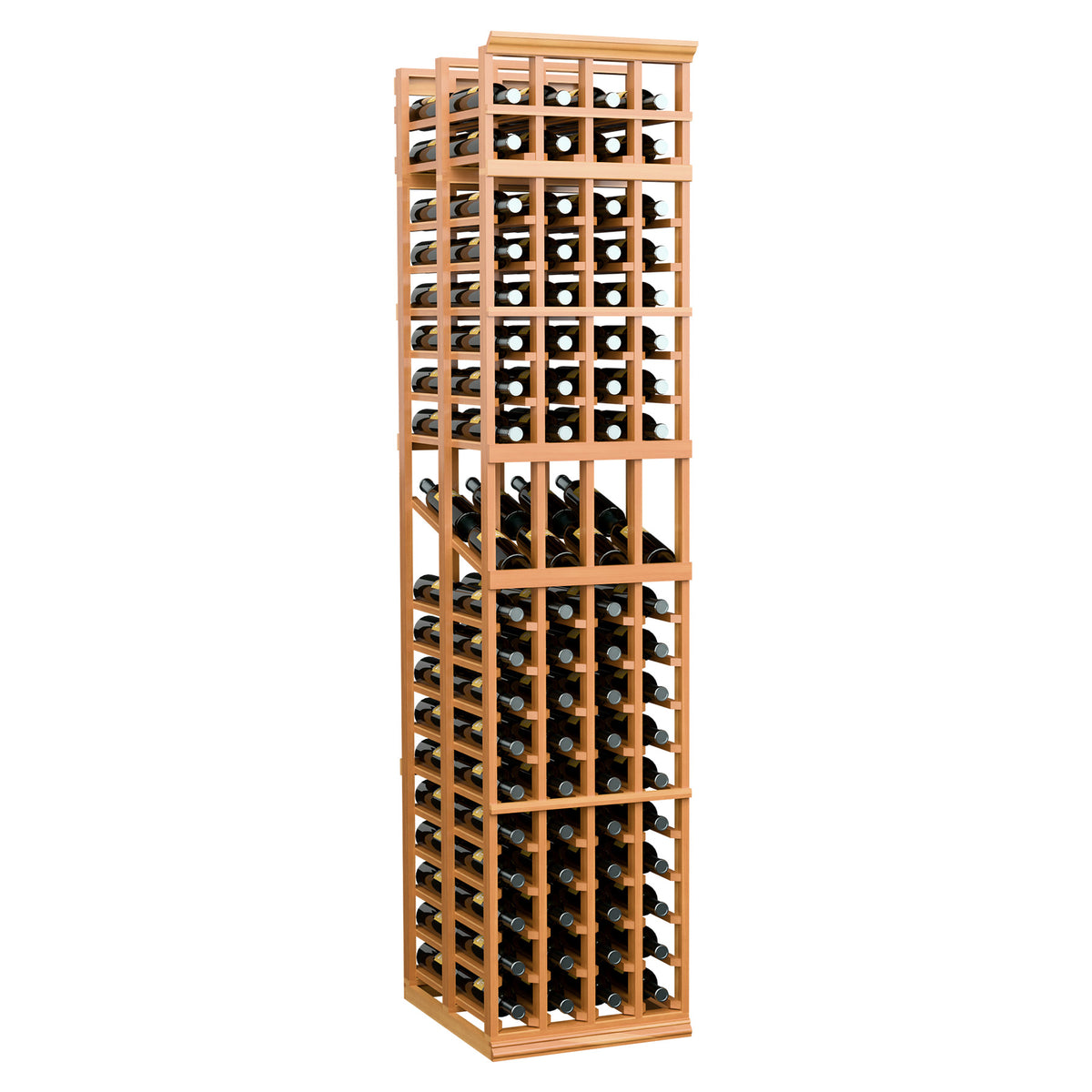 Wood wine display rack with open lattice, holds bottles in 4 columns, warm orange finish