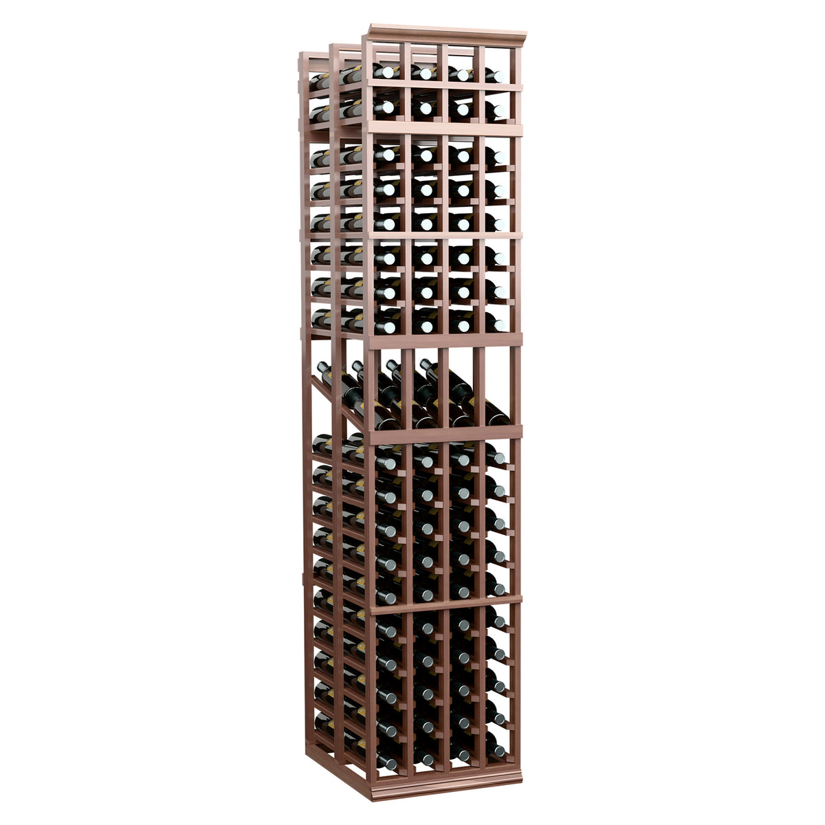 Wood wine display rack with open lattice, holds bottles in 4 columns, dark brown finish