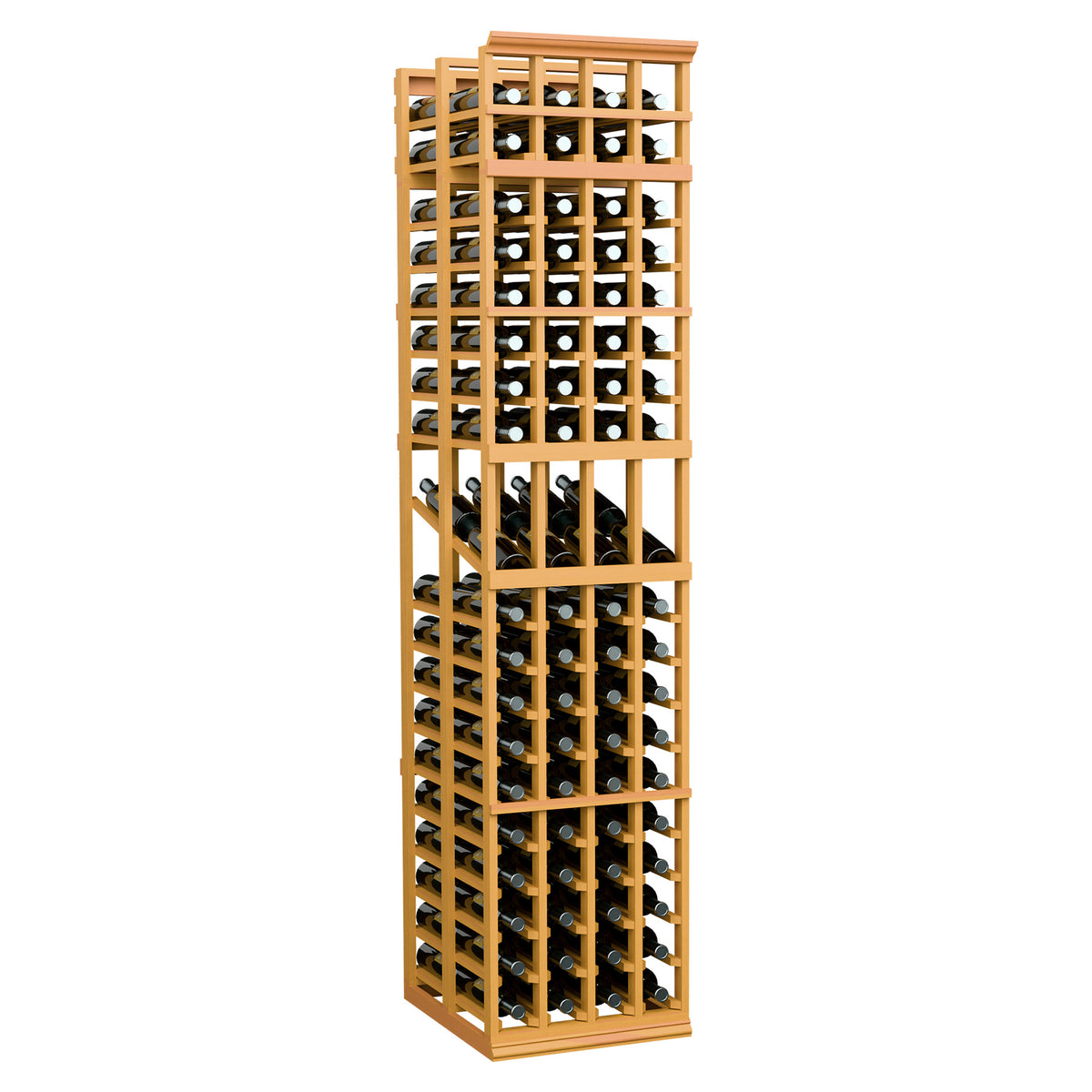 Wood wine display rack with open lattice, holds bottles in 4 columns, honey yellow finish