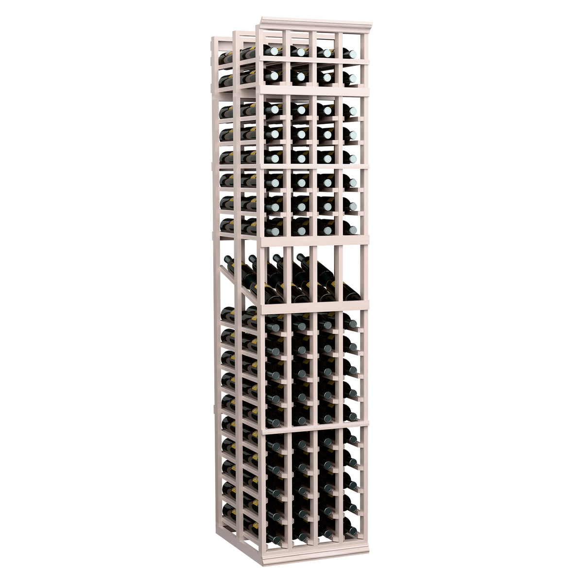 Wood wine display rack with open lattice, holds bottles in 4 columns, light gray finish